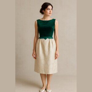 Vintage 60's Party Dress Velvet Green Bodice Ivory Fut & Flare Net Lined